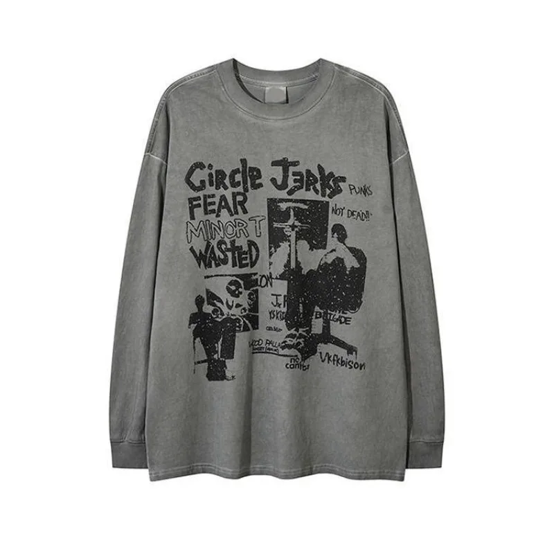 American Vintage Washed Punk Graphic Long Sleeve T-Shirt Sweatshirts Men Women Streetwear Oversized Grunge Casual Top Hip Hop