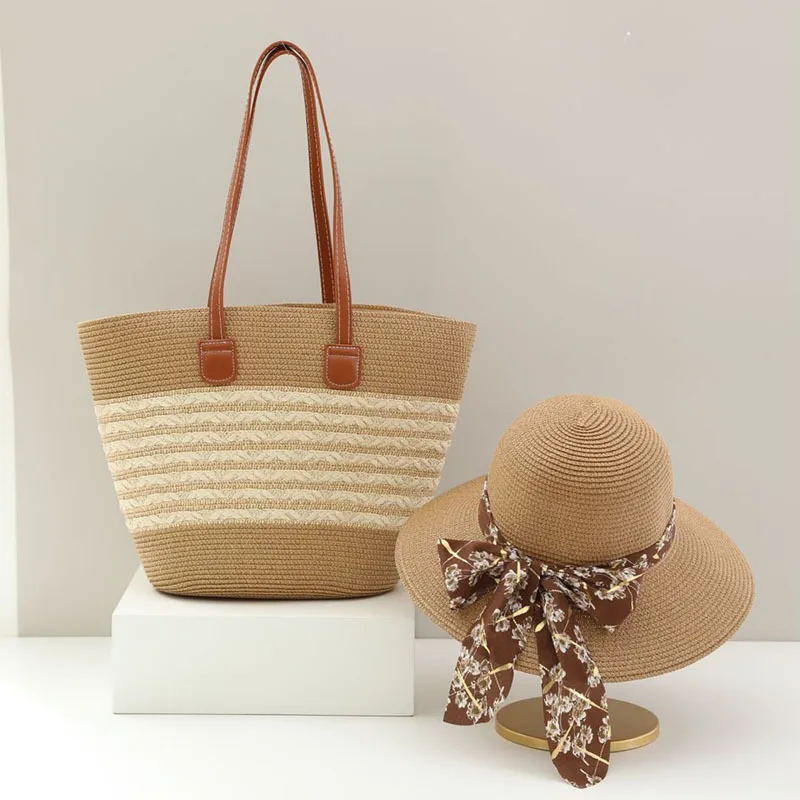 Two-piece Set of Straw Hat and Bag Women's Large Capacity Shoulder Bag Summer StrawWoven Basket Handbag Luxury DesignerBeach Bag