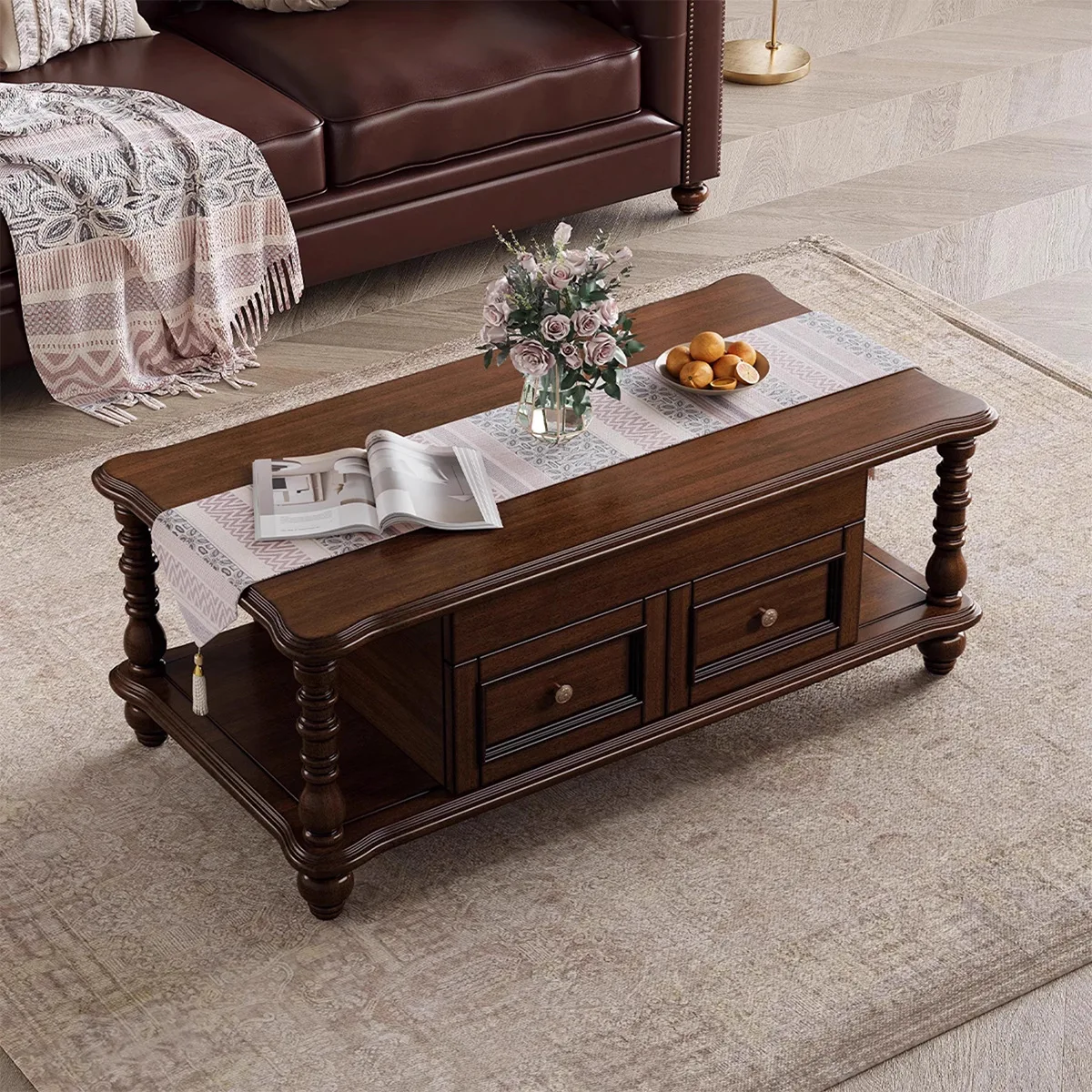 American retro solid wood coffee table, small apartment living room square table, tea table with drawer fruit plate
