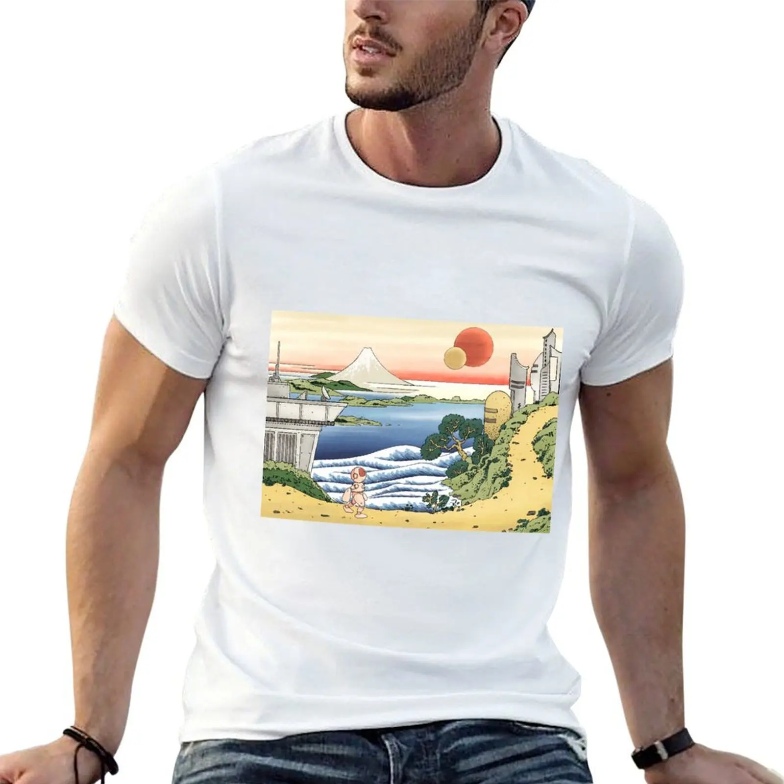 Robot lost in Hokusai Spacebase T-Shirt printed t shirts for man cotton tshirt 100% cotton t shirt man T-shirt