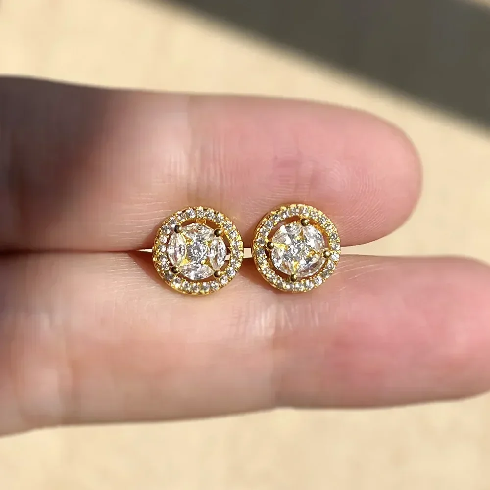 1 Pair Light Luxury Round Zircon Piercing Stud Earrings for Women Gold Silver Color Ear Accessories OL Fashion Jewelry