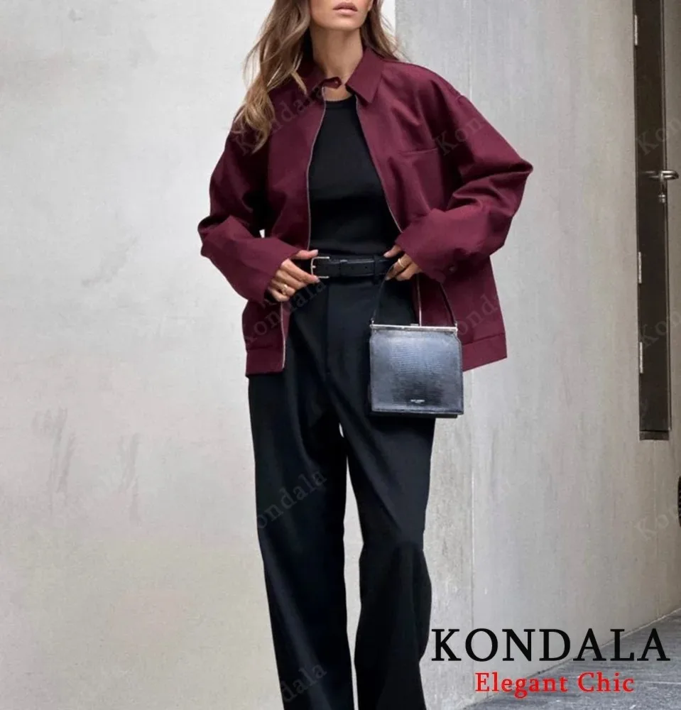 KONDALA Women Vintage Loose Lapel Jacket Burgundy Color Zipper Jacket New 2025 Spring Autumn Stylish Versatile Casual Jacket
