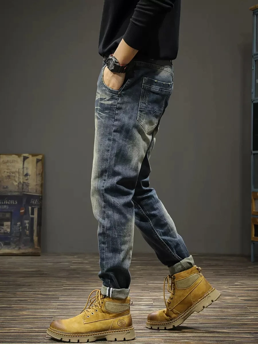 Italian Designer Fashion Men Jeans Retro Blue Stretch Slim Ripped Jeans Men Elastic Trousers Vintage Casual Denim Pants Hombre