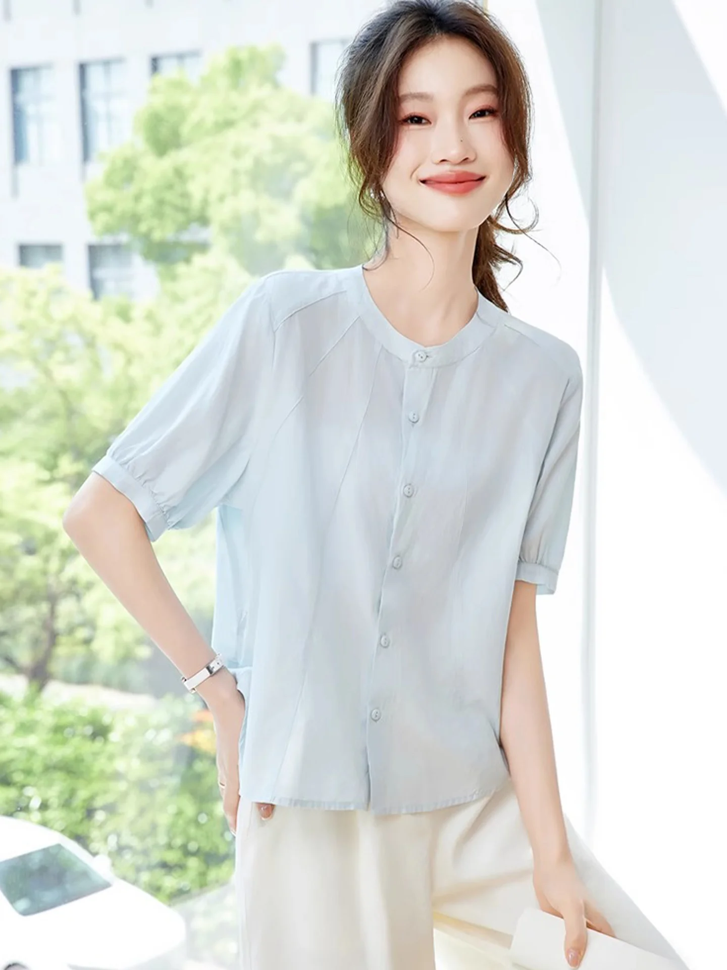 

Рубашка Ele Pure Color с рукавом три четверти, в корейском стиле, для повседневной носки, с обычной шириной плеч, из стандартной ткани, с коротким рукавом.