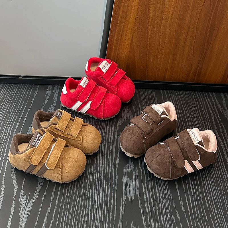 

Kids Casual Shoes Striped Double Hook&loop Boys Girls Flat Shoes Soft Bottom 2025 Winter New Children Sports Shoes Suede Warm