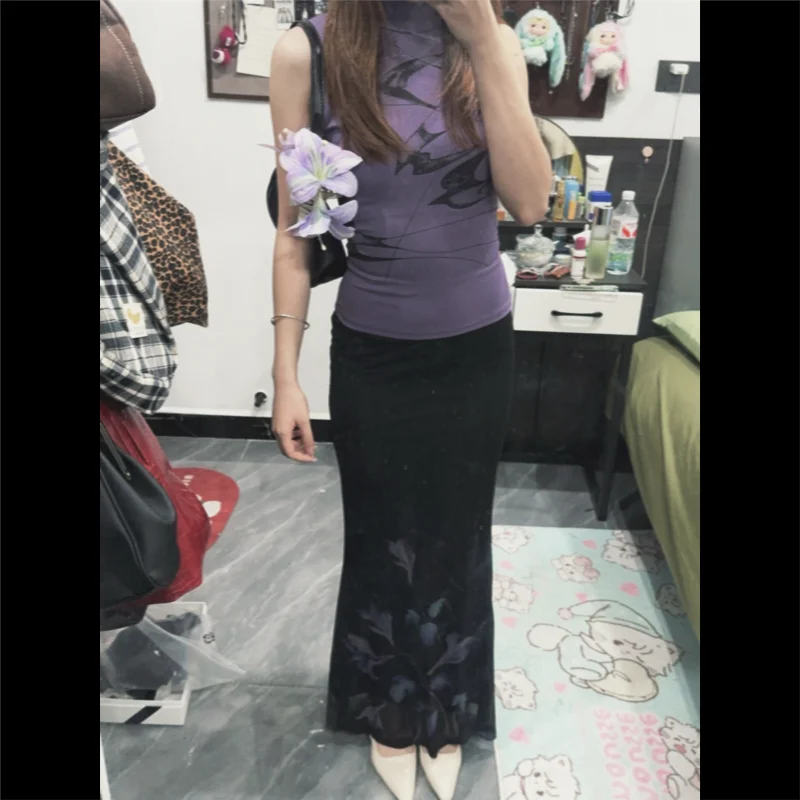 Sexy Floral Print  Skirt Women's mid Waist Polyester Fiber Casual Style Retro Purple Color Half Body Skirt for Ladies
