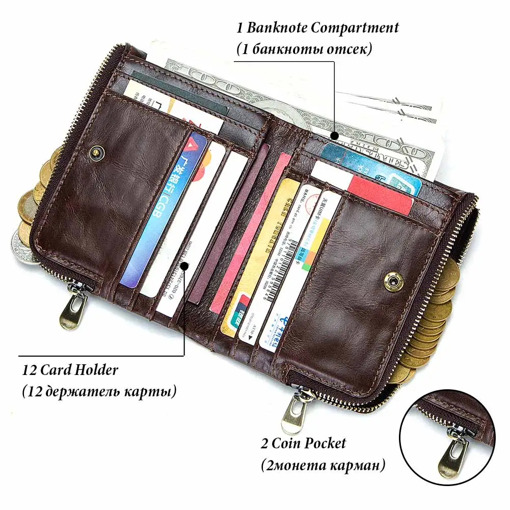 RFID Card Holder Wallet for Men Genuine Leather Small Money Bag Luxury Double Zipper Coin Pocket Quality Male Clutch Carteira