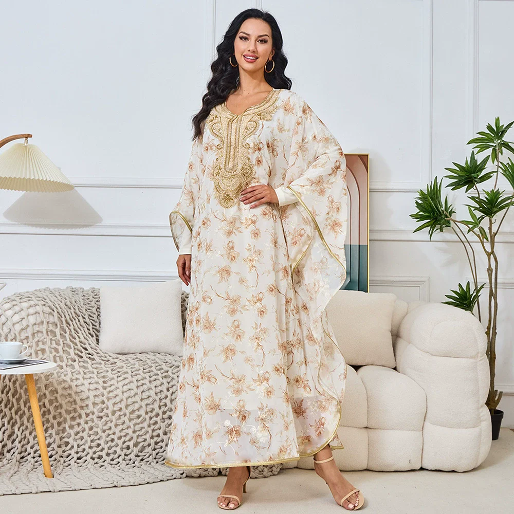 

Muslim Luxury Fashion Middle Eastern Robe Women's Embroidered Beaded Collar Dress Dubai Women's Long Dress