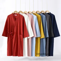 Washed Ramie Cotton Long-sleeved Bathrobe Japanese Kimono Robe Women and Men Nightgown Couple Loose Robes Nightwears for Ladies