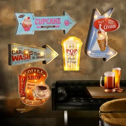 American Retro LED Neon Light Sign Vintage Metal Signs Restaurant Cafe Garage Hot Dog Sign Car Wash Coffee Shop Popcorn
