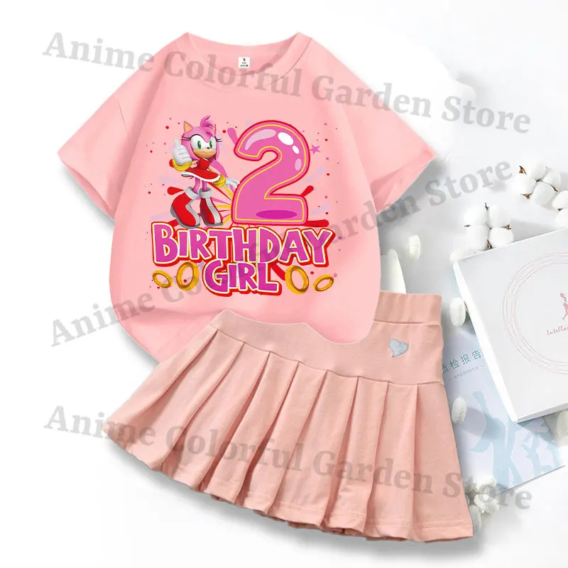 2pcs Sonics Love Dress T-shirt Suit for Girls Cartoon Number Printed Skirt Short Sleeved Top Set Kids Summer Sweet Skirts Suits view 3