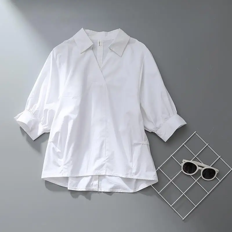 2024 Summer Women\'s Fashion White Simple Blouse Office Lady Business Casual Turn Down Collar Shirt Elegant 3/4 Sleeve Loose Tops