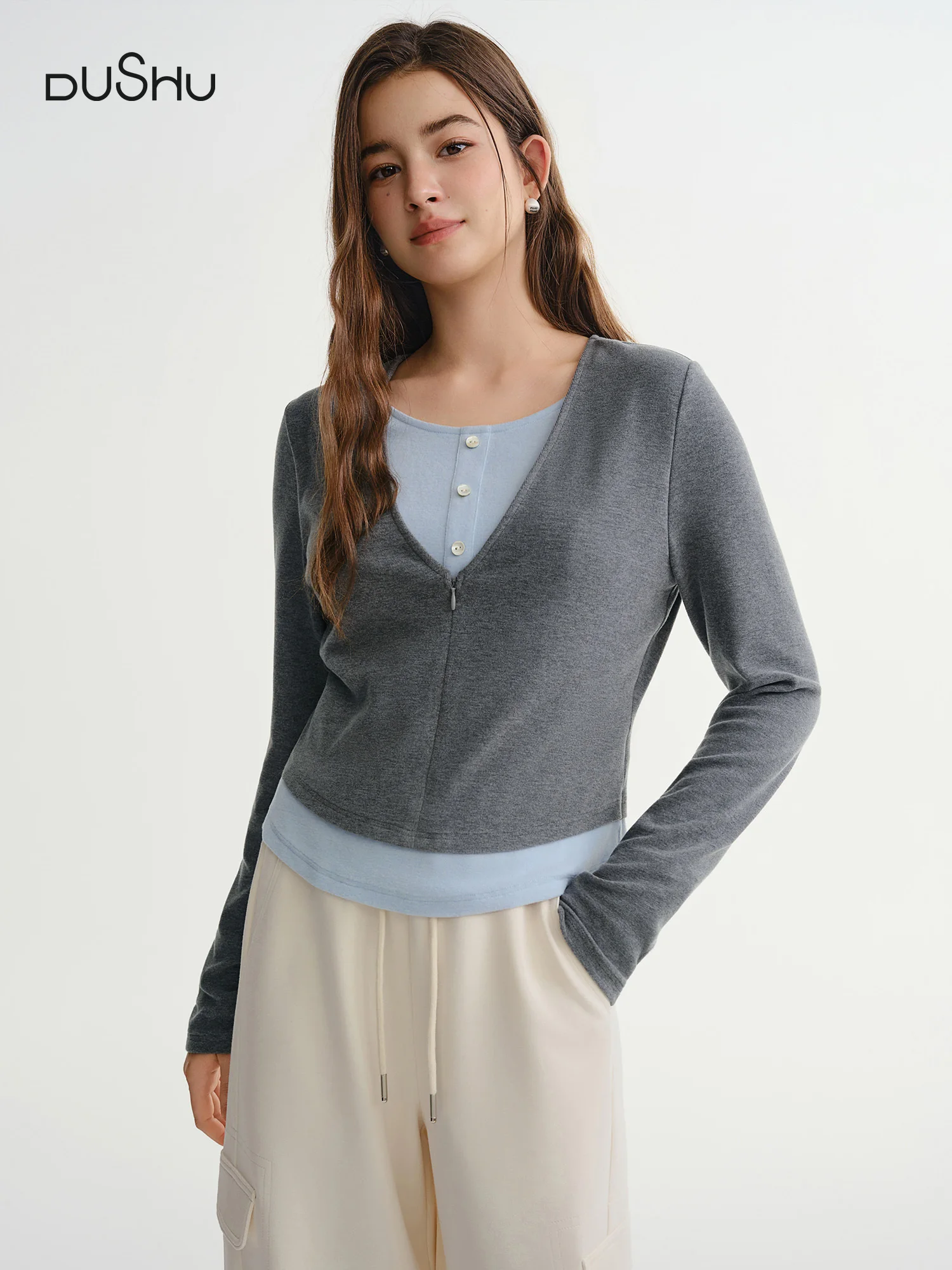 

DUSHU женский многослойный дизайн жирного цвета, двухсекционная водолазка с длинными рукавами, повседневный универсальный привлекательный топ для похудения