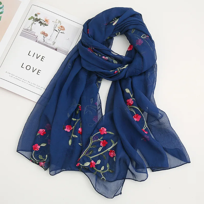 Chinese Style Embroidered Chiffon Hijab Scarf for Muslim Women – Peach Blossom Design, Elegant Long Wrap 5