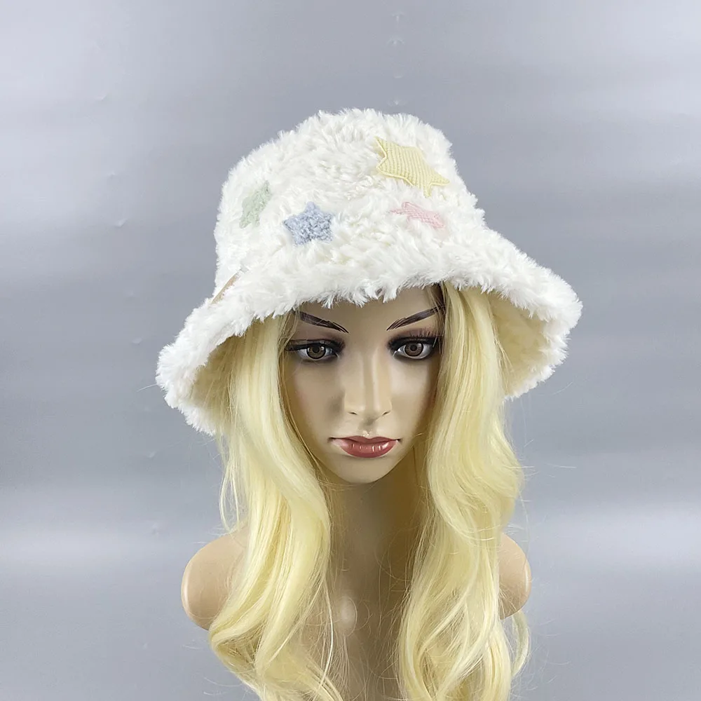 New 2024 Winter Warm Cute Star Fisherman white Hat For Women Thicken Warm Caps Fashion Sale Baotou Imitation Wool Rabbit Fur Hat