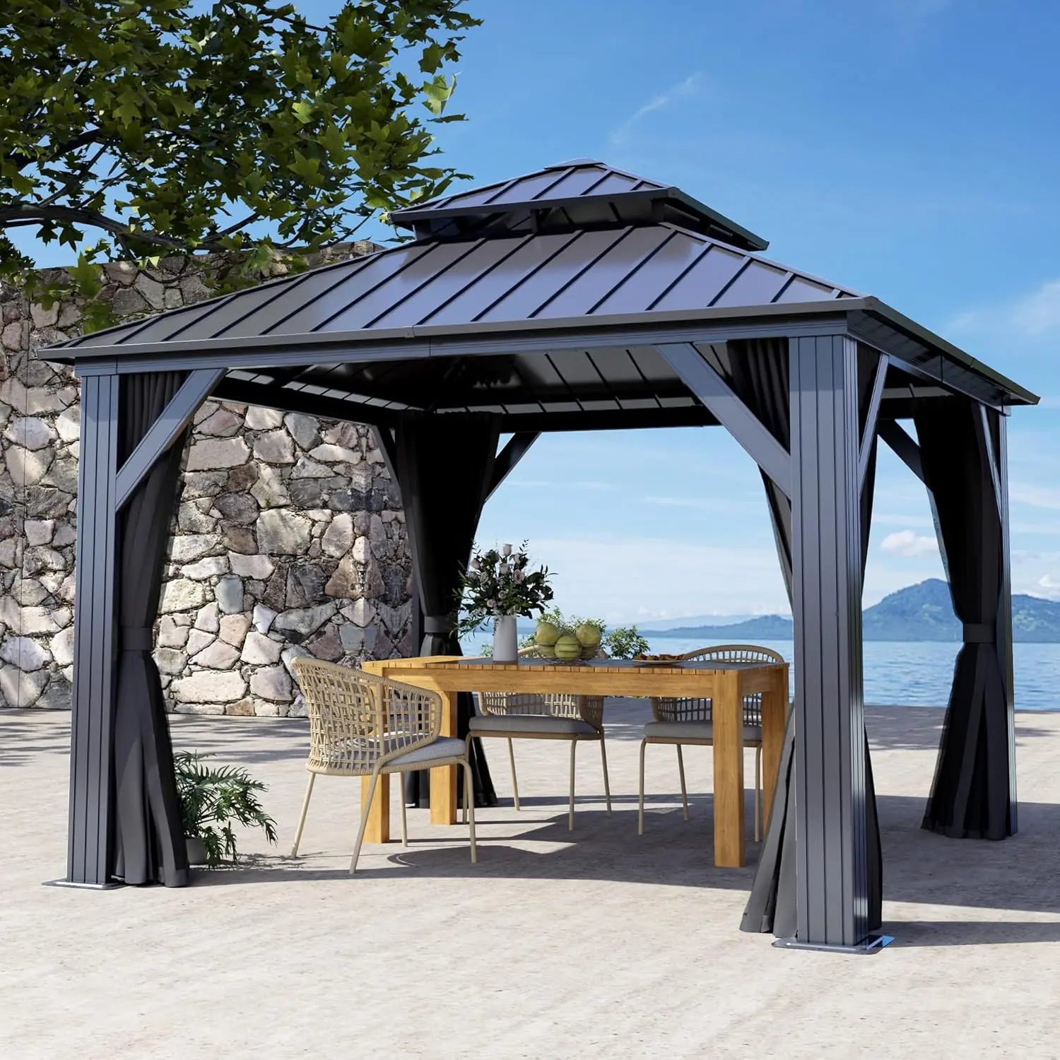 

10 X 10ft Hardtop Gazebo, Galvanized Steel Double Roof Gazebo with Nettings and Curtain Roof Permanent for Patio, Lawns
