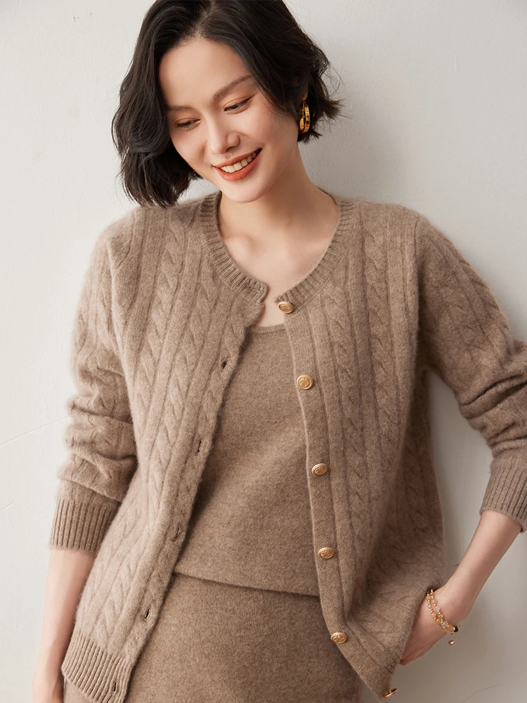 Women's 100% Cashmere Sweater O-neck Twist Flower Knit Cardigan Simple Style Spring Autumn Winter Cashmere Knitwear Soft Tops