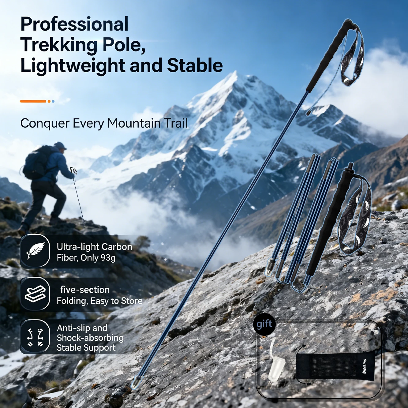 

Carbon Fiber Walking Sticks Trekking Poles 110g Ultra Light 5 sections Folding Hiking Poles Outdoor Mountaineering