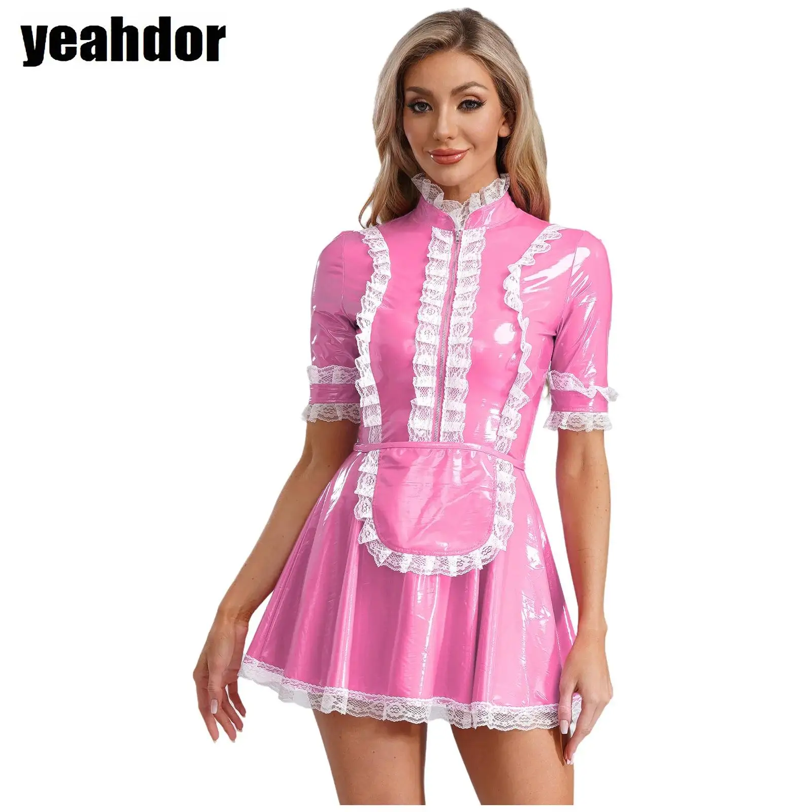 

Women Role Play Maid Uniform Dress Leather Maid Cosplay Costume Short Sleeve Lace Trim Dress with Apron Cosplay Costume