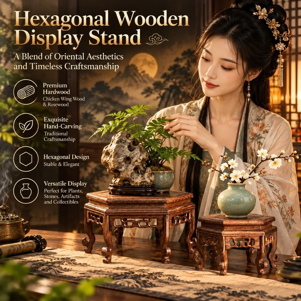 Solid Wood Display Base Rack Hand Carved Bonsai Stand Hexagon Wood Base Teapot Stand Plant Pot Stand Wooden Display Stand Garden