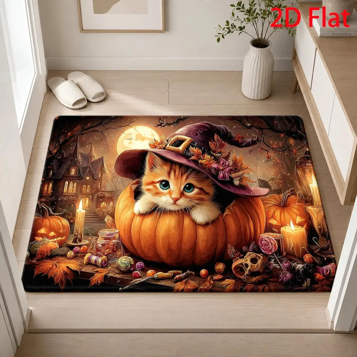 Household Indoor Entry and Front Porch Space Non Slip Doormat Eye‑Grabbing Season Decor Bright Pumpkin Sunflower Maple Leaf