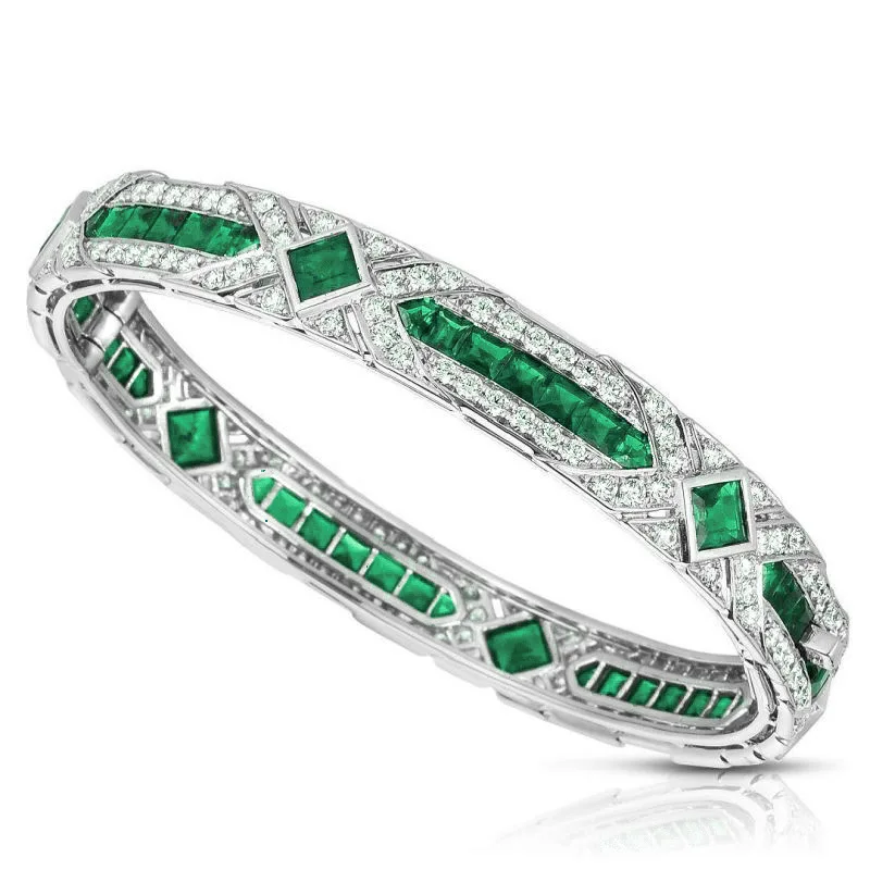 

925 Sterling Silver Princess Cut Emerald High Carbon Diamonds Gemstones Bracelet Bangle Cocktail Fine Jewelry Wholesale