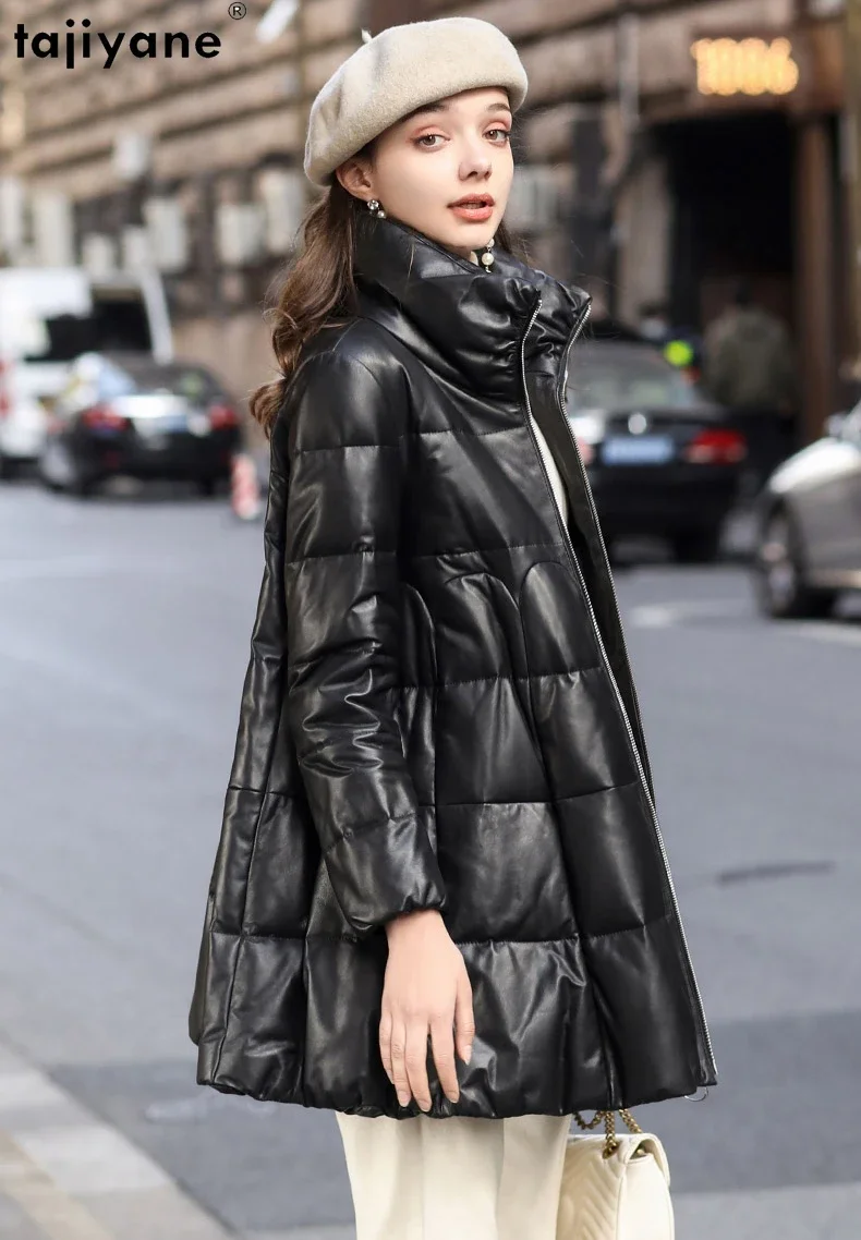 Tajiyane Winter Casual Fashion Real Sheepskin Leather Jacket Women Mid-length White Duck Down Coat Stand Collar A-line Parkas