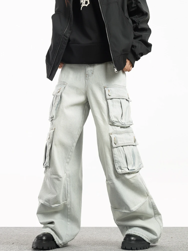 Men's Multi-pocket Cargo Jeans Baggy Straight Classic Light Blue Denim Pants Streetwear Hip Hop High Street Male Trousers