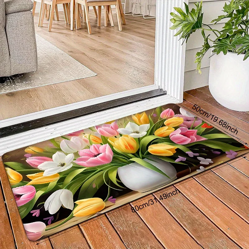 VIKAMA 1 pc Floral Runner Rug Tulip Living Room Sofa Carpet Home Decor Foot Mats for Kitchen Doormat Welcome Mat Kitchen Rug