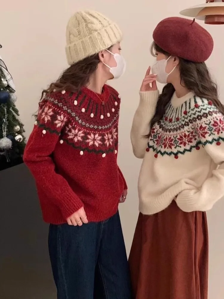

Retro Cisas New Year Thiened Loose Knitted Soft Warm Women's Fair Isle Sweater Autumn Winter Casual Sweet Sle Top