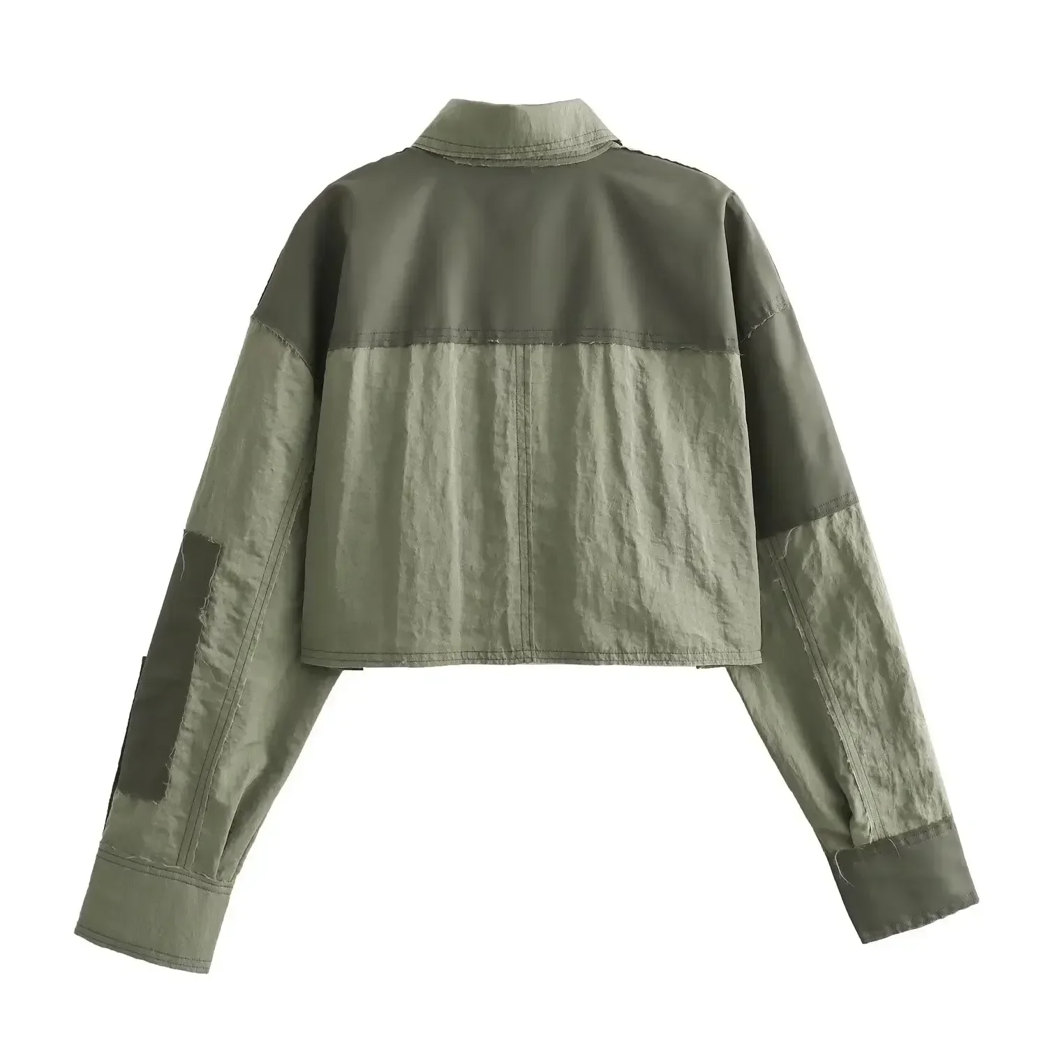 

Nylon Cropped Shirts for Women Patchwork Oversize Shirt Woman Snap Button Shirts and Blouses Women Long Sleeve Women Shirts