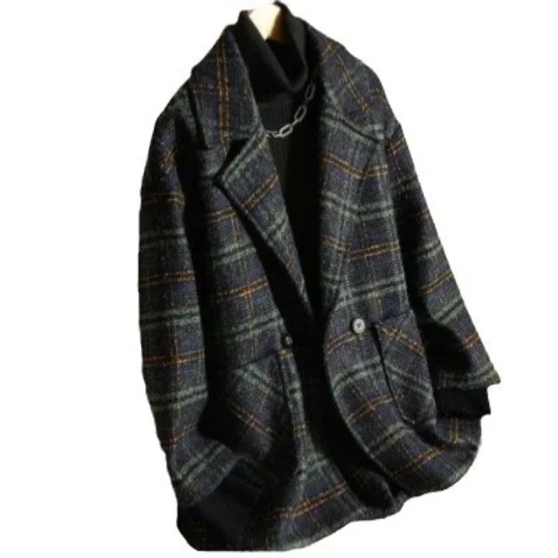Damen Plus Size Karierte Wolljacke, Lose Midi-Länge, Ein-Knopf-Mantel mit Taschen, Herbst-Winter Neuheit, Modische Oberbekleidung – Detail 5