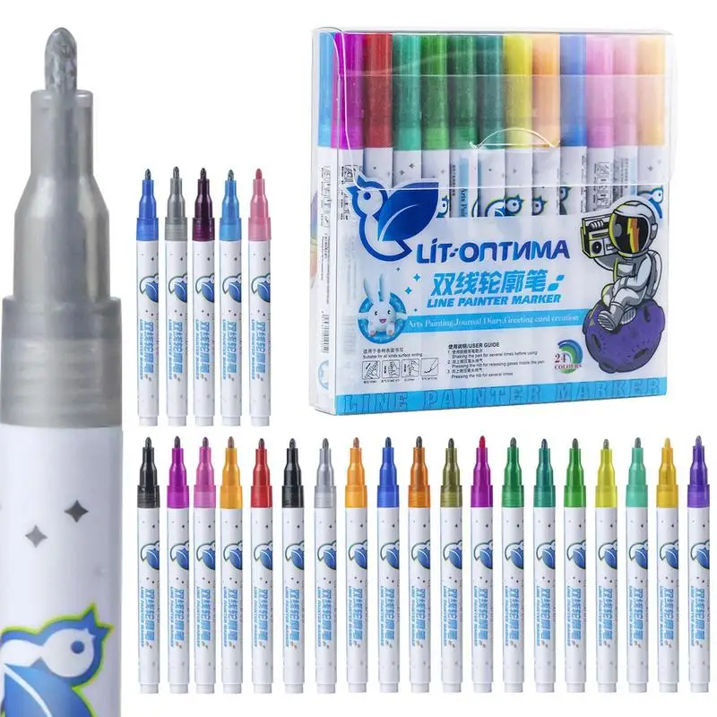 

Outline Pens Double Lined Shimmer Markers Doodle Drawing Pens 24 Color Glitter Gel Outline Pen For Doodling Scrapbooking