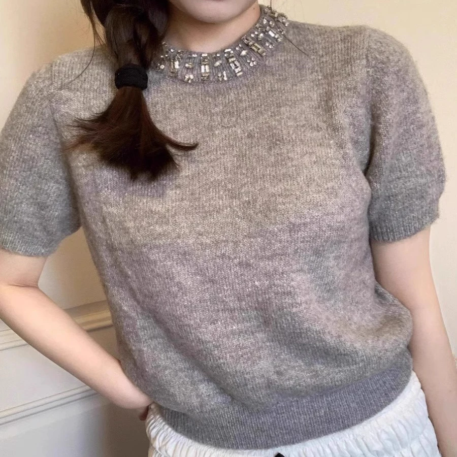 Korean Style Grey Knitted T-shirts Women Summer Diamond O-Neck Short Sleeves Sweater Gentle Elegant All-matched Loose Tops