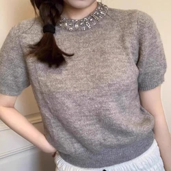 Korean Style Grey Knitted T-shirts Women Summer Diamond O-Neck Short Sleeves Sweater Gentle Elegant All-matched Loose Tops