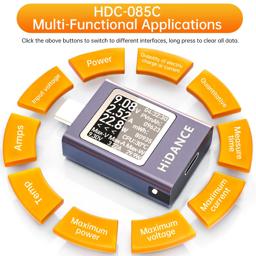 Stejnosměrný 4.5~50V 12A HDC-085C/AT085C type-c volmeter multifunkční nabíječka tester digitální displej elektrické napětí proud energie měřič nástroje