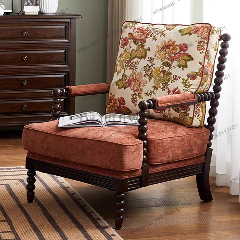 

Light luxury American solid wood single sofa chair vintage fabric balcony casual lazy lounge chair