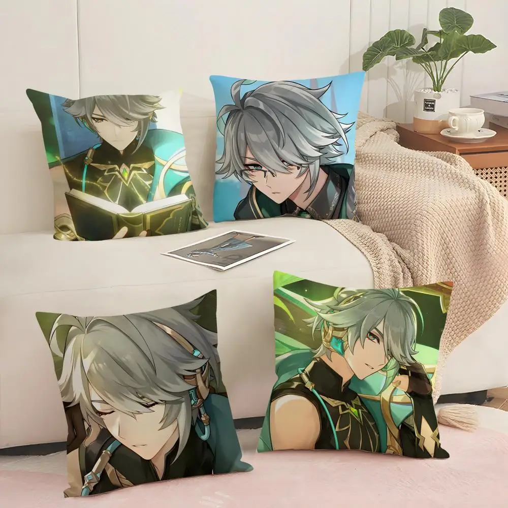 Game Genshin Impact Alhaitham Cushion Cover Silky Short Plush Invisible Zipper Dustproof Sofa Pillow Case for Home Decor