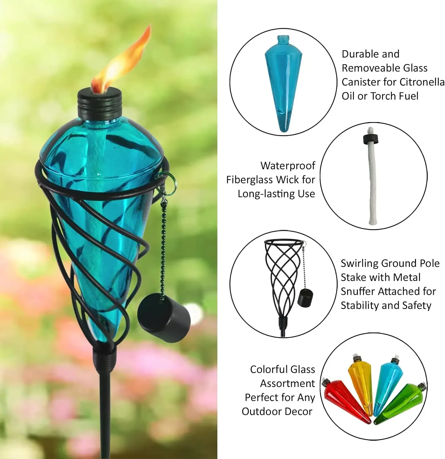 4 Pack 60 Inch Assorted Color Glass Garden Torch Light with Swirling Metal Ground Pole - Burning Citronella Torch Fuel