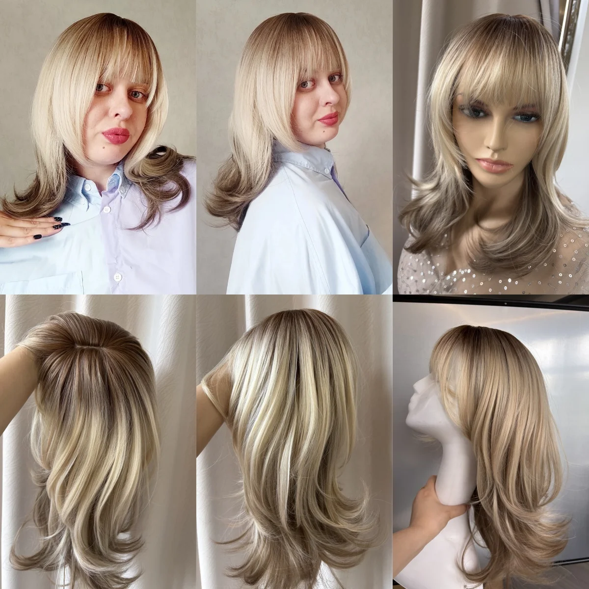 EASIHAIR Medium Length Wavy Synthetic Wigs for Women Blonde to Brown Ombre Wavy Layered Hair Wig With Bangs Daily Heat Resistant
