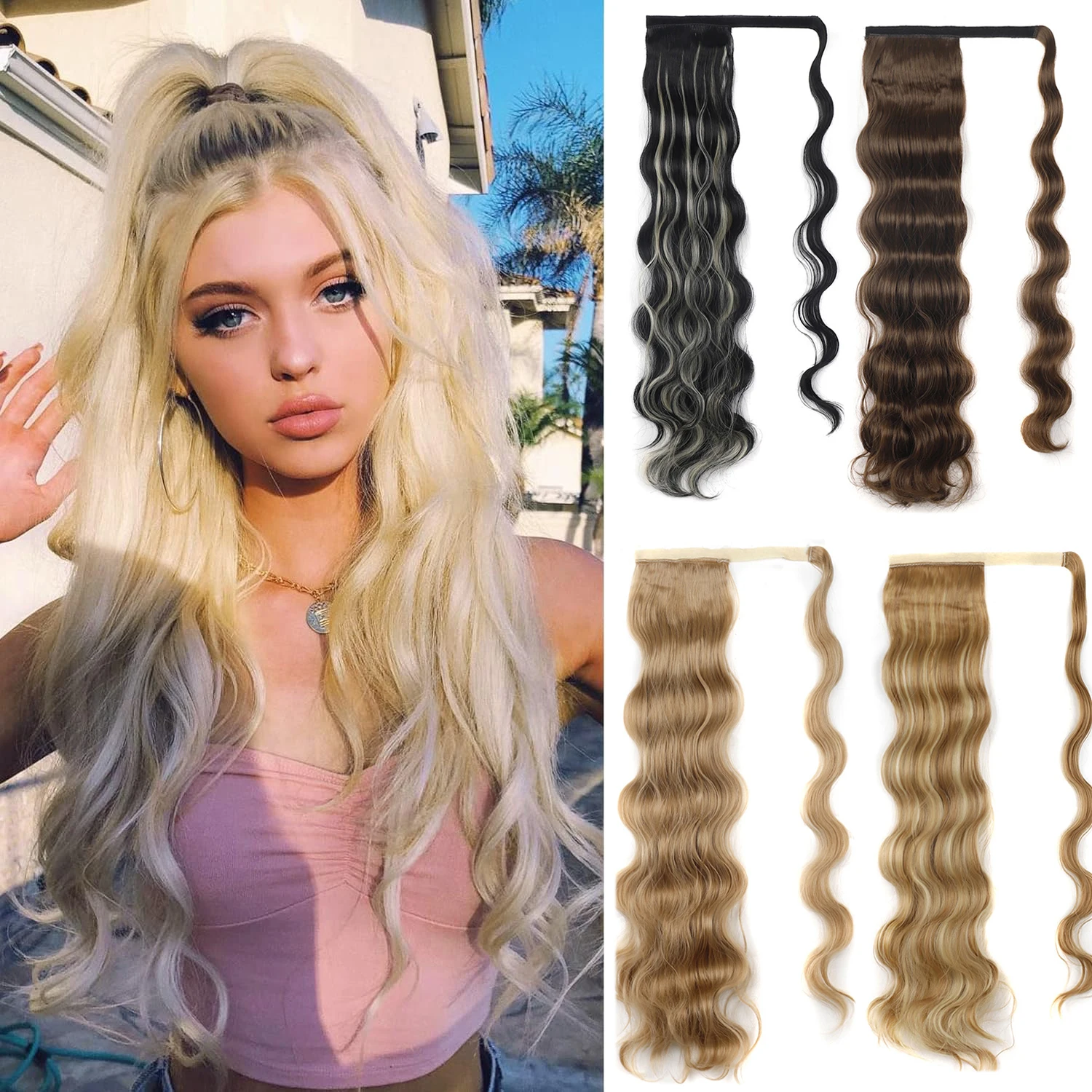 

Jeedou волосы хвостики длинные волнистые волосы обертывание вокруг хвоста синтетический шиньон блондинка беспорядочный богемный стиль для женщин