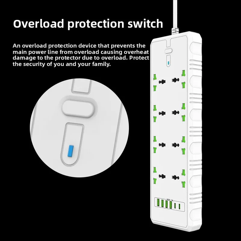 Power Strip 3000w Home Office Plug-in Board Dormitory Socket with Cable Universal Hole USB Multi-plug Socket