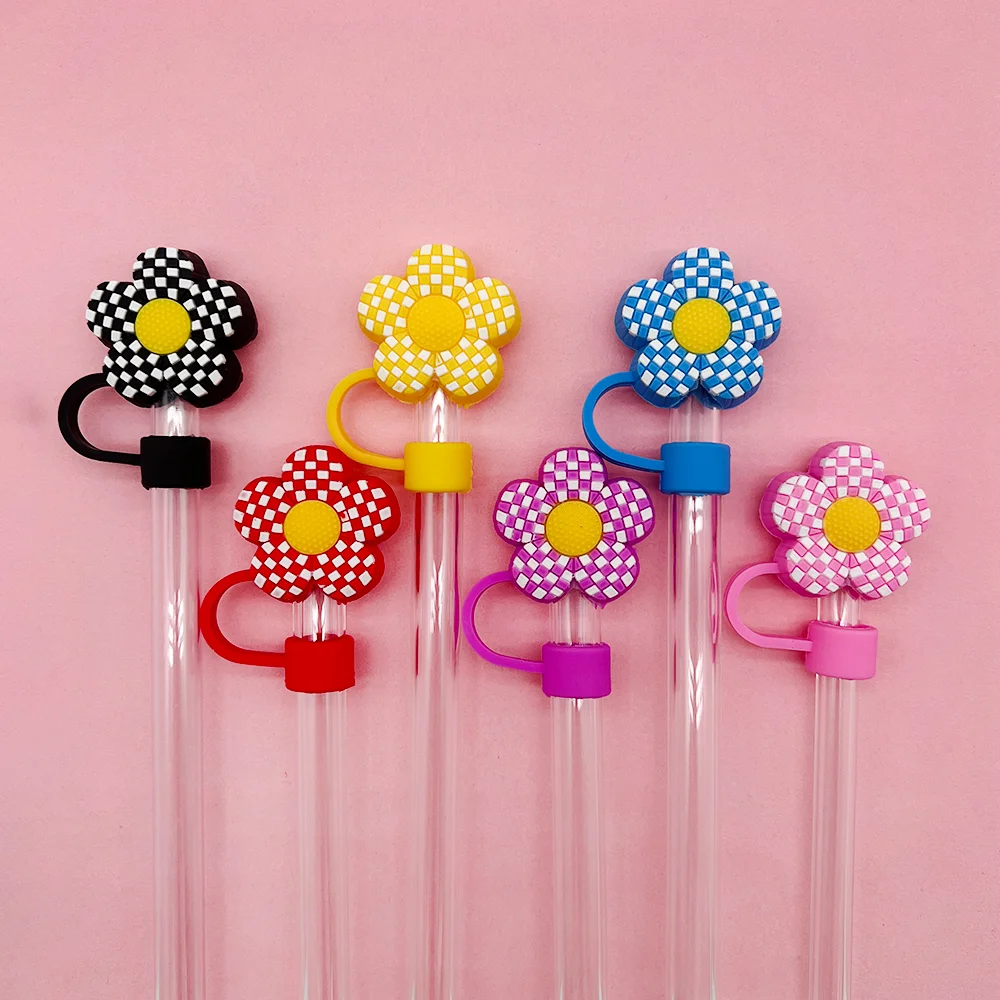 

6PCS 10mm Silicone Straw Covers Cap Compatible with Stanley 30&40 Oz Tumbler,Grid pattern Chessboard pattern Flower Straw Topper