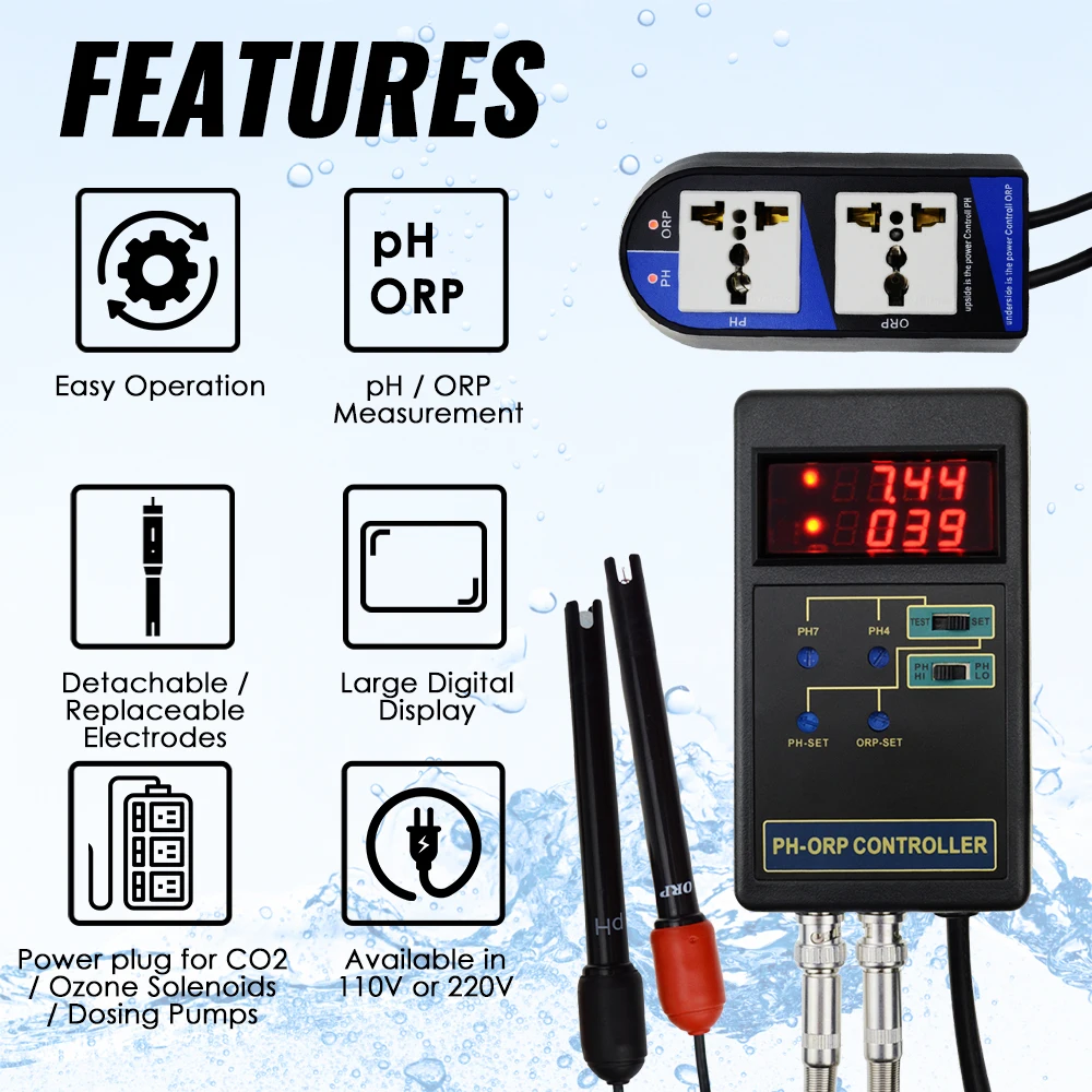 2 in 1 Digital pH ORP Redox Controller Separate Relays Replaceable Electrode BNC Type Probe Water Quality Monitor Tester