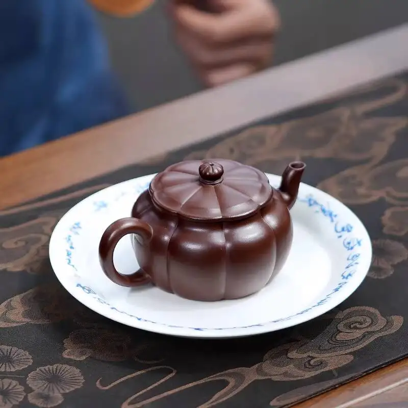 [Changtao]Yixing Famous Artist Tao Jianquan's Fully Handmade Teapot, Purple Clay Ribbed Vessel, Palace Lantern Style, 150Cc