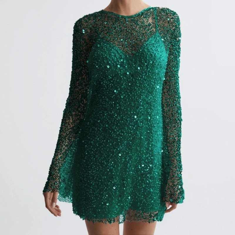 2025 verano Sexy cuello redondo cuentas vestido de malla transparente fuera del hombro vestido de tirantes fiesta boda vestidos de invitados moda mujer Mini Drees