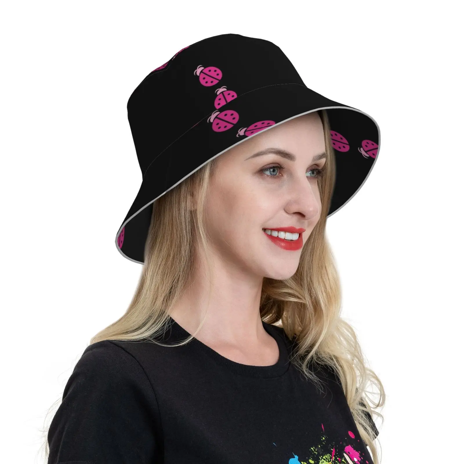 Pink Style For Woman Girl Mom Adults And Children Kid-Pink Ladybird Cap Diy Foldable Sunshade Fashion Leisure Bucket Hat Pink