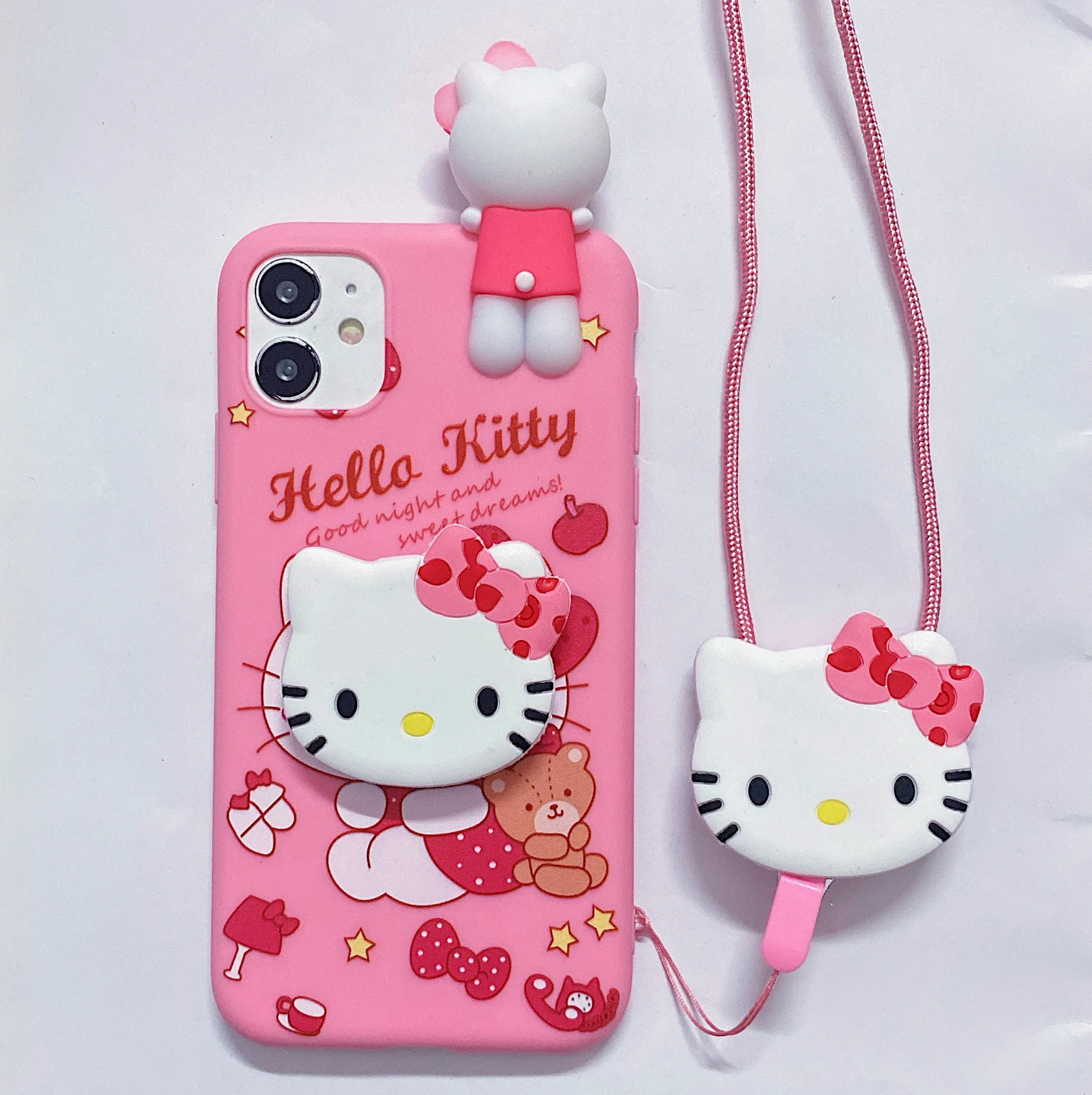 For iPhone 17 16 16e 15 14 13 12 11 Pro Max Air XR X XS Max 6 6S 7 8 Plus SE 3D Cartoon Sanrio Kitty Melody Holder Lanyard Case