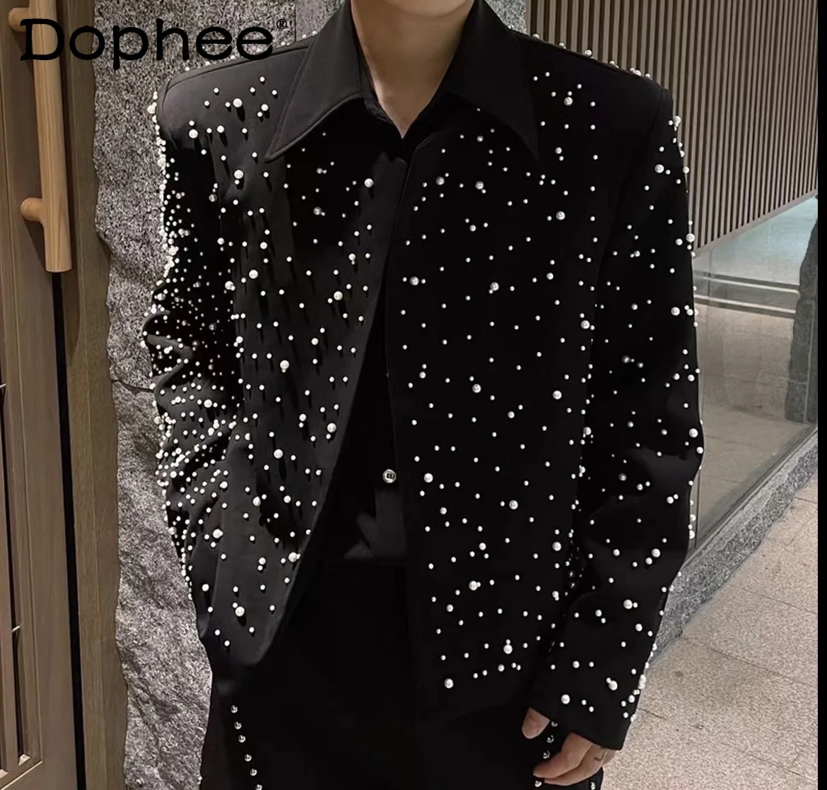 

2025 New Fashion Heavy Rhinestone Starry Sky Jacket Handsome Men Loose Casual Short Turn-Down Collar Coat Trendy