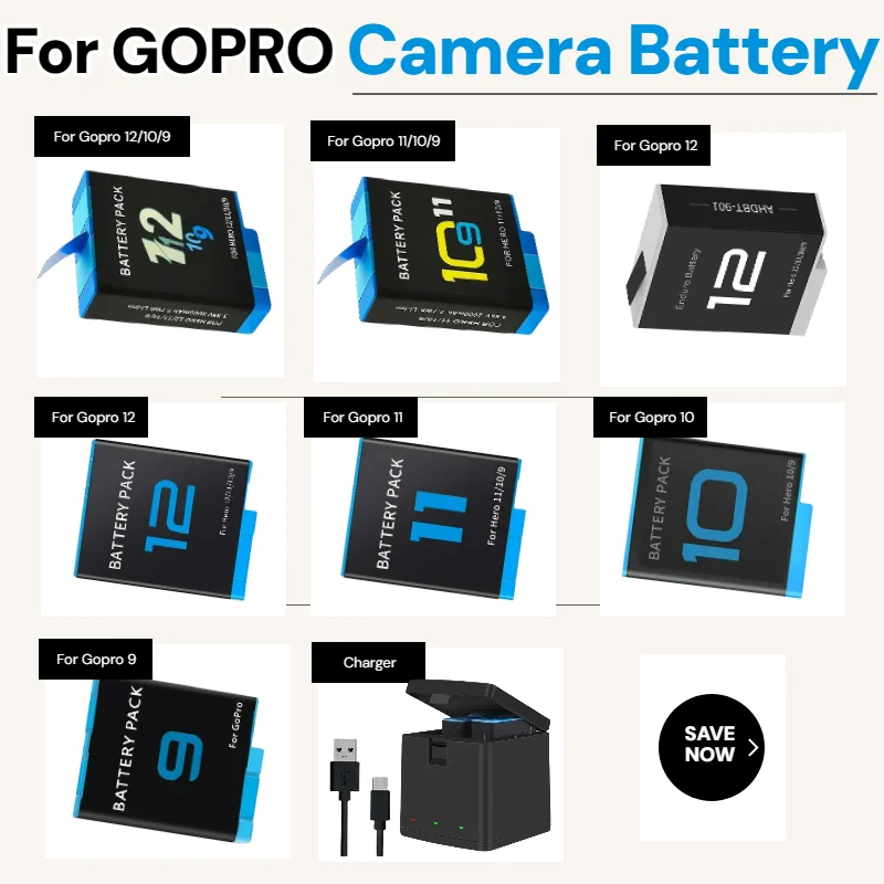 

2000mAh High Capacity Li-ion Rechargeable Battery Pack with Fast Charger for GoPro Hero 9 10 11 12 Action Camera Accessories